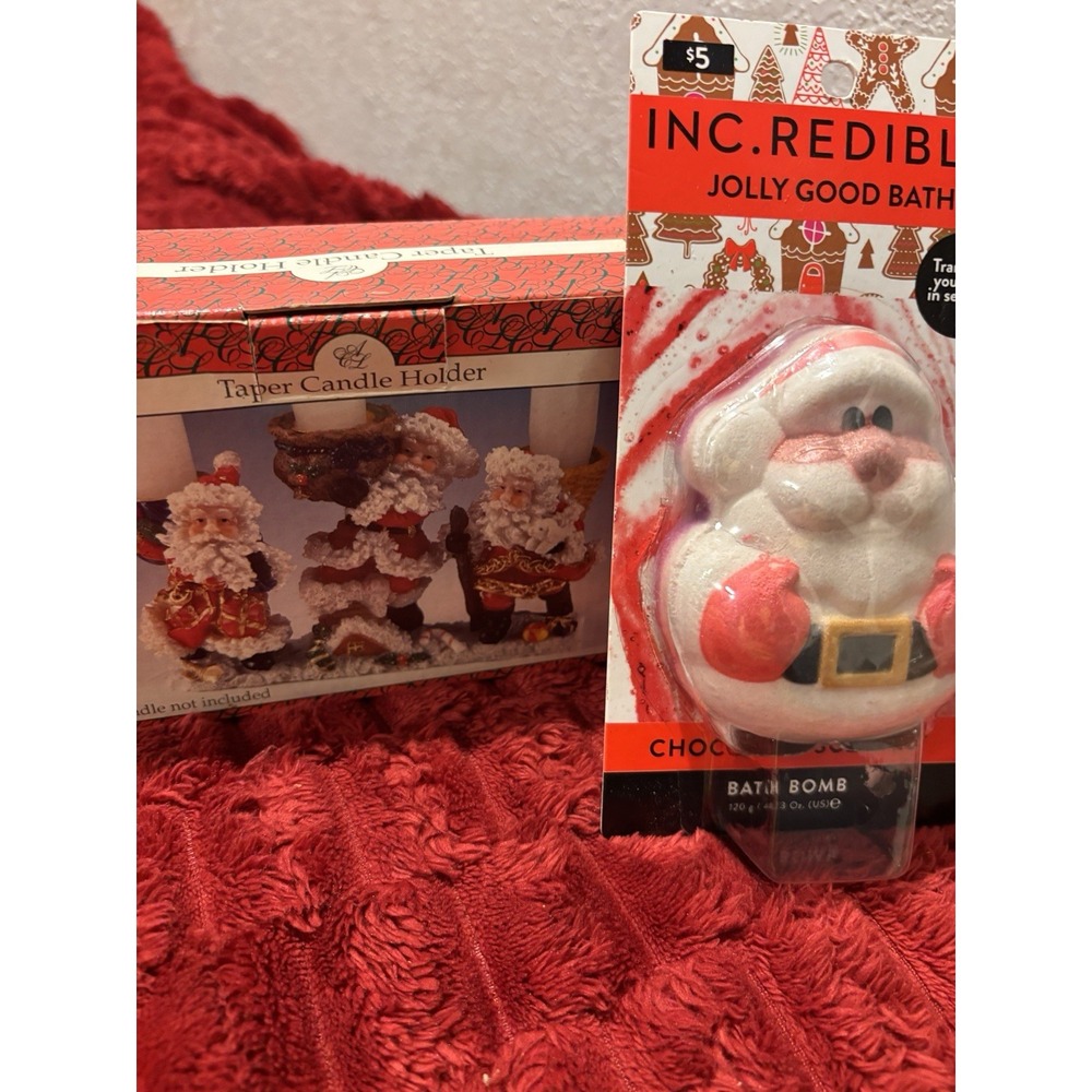 Lot of 2 Candle Holder 3 Santa's on Base 6x4 & Jolly Good Chocolate Bath Bomb